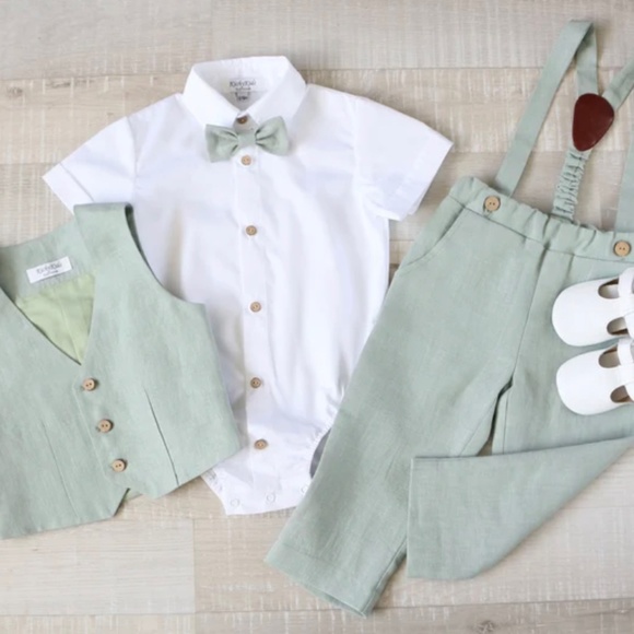 Boys 18 Month Sage Suspender Pants with Vest and Tie